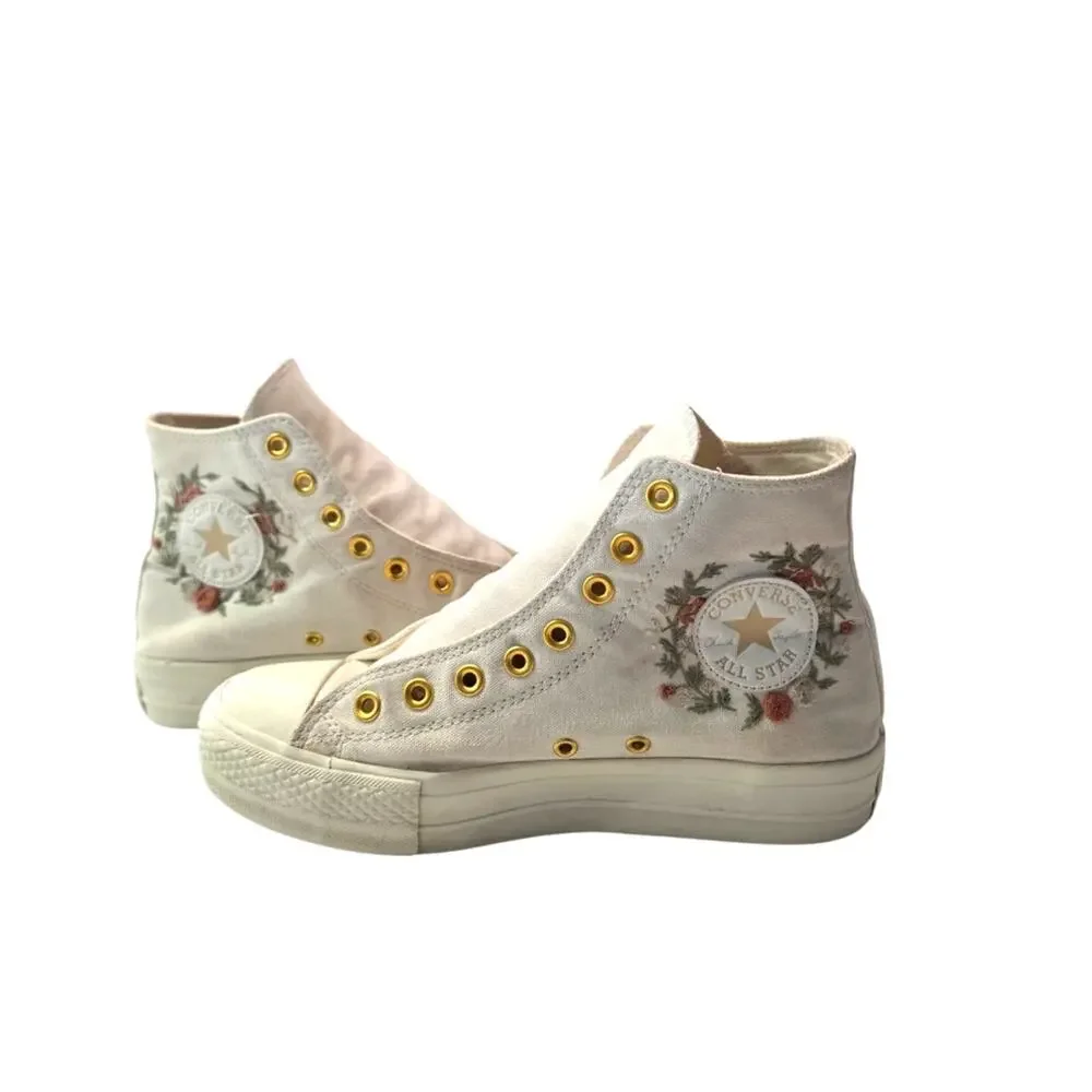 Converse custom Cream embroidered hightops SIZE 6